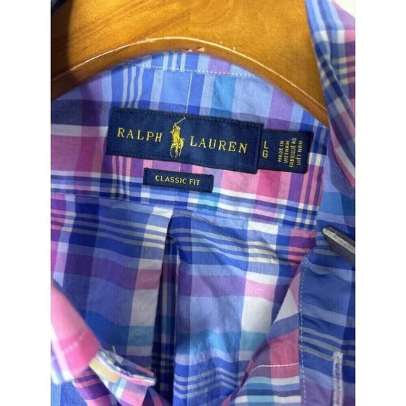 Ralph Lauren Madras Mens Shirt Sz Large Blue Pink Plaid Button Down Classic Fit - Picture 5 of 7